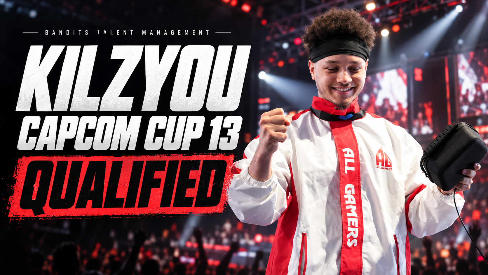 Editorial artwork featuring Kilzyou in an All Gamers jacket with Capcom Cup 13 Qualified typography.