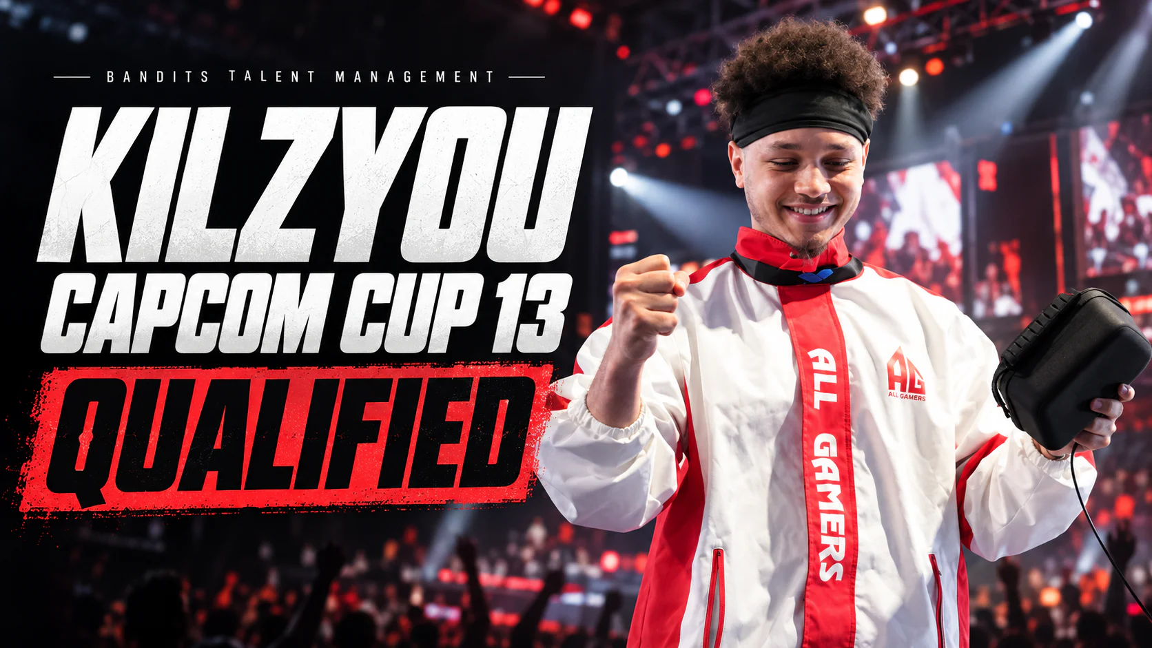 Editorial artwork featuring Kilzyou in an All Gamers jacket with Capcom Cup 13 Qualified typography.
