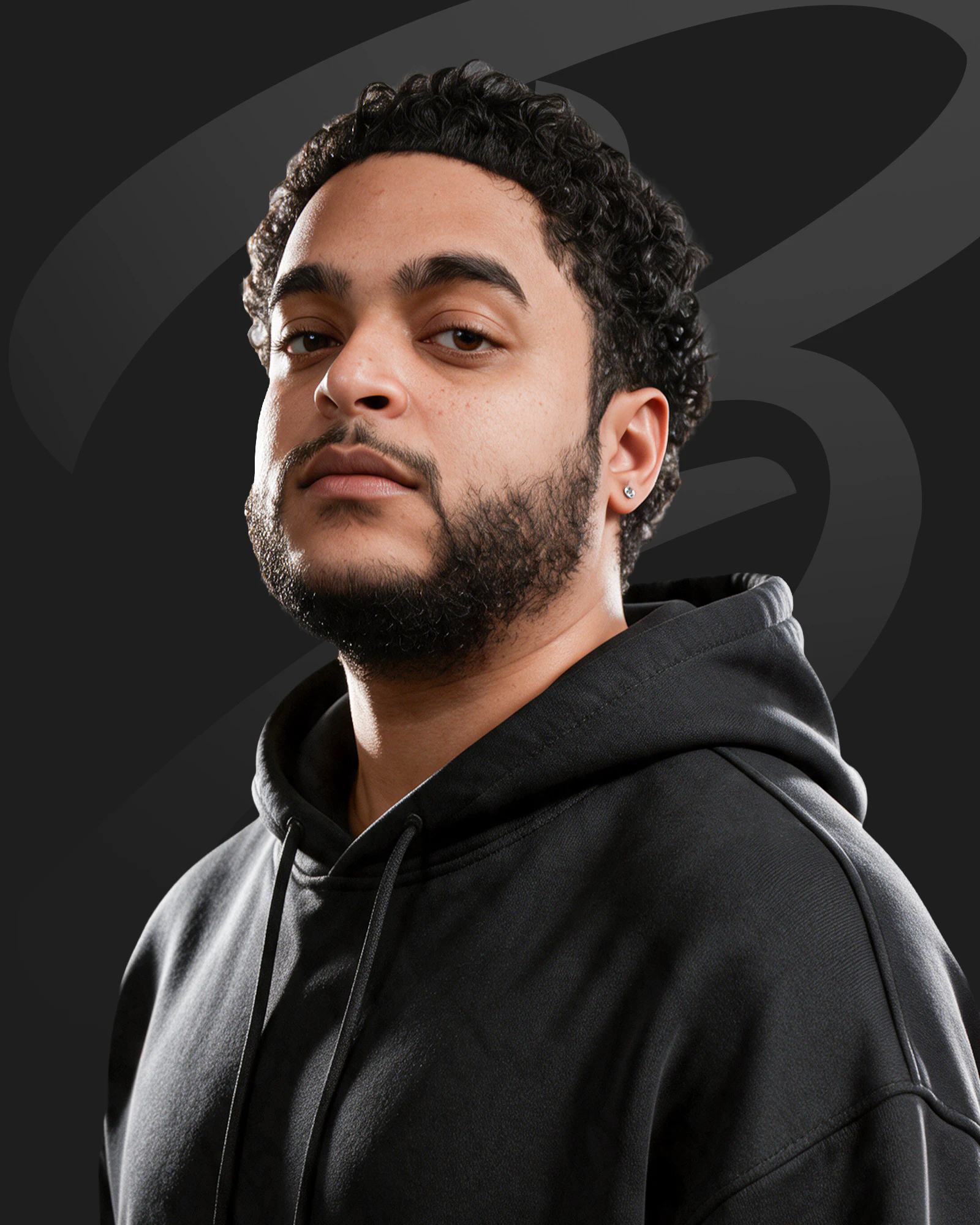 Studio portrait of Psycho wearing a black hoodie